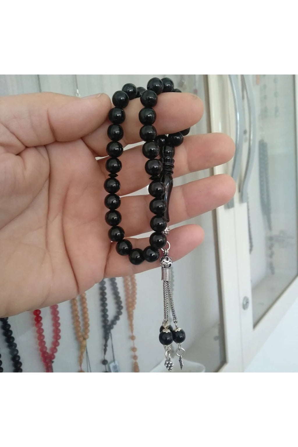 Certified Erzurum Oltu Stone Tasbih, Plain, with Sterling Silver Tassel, 8mm