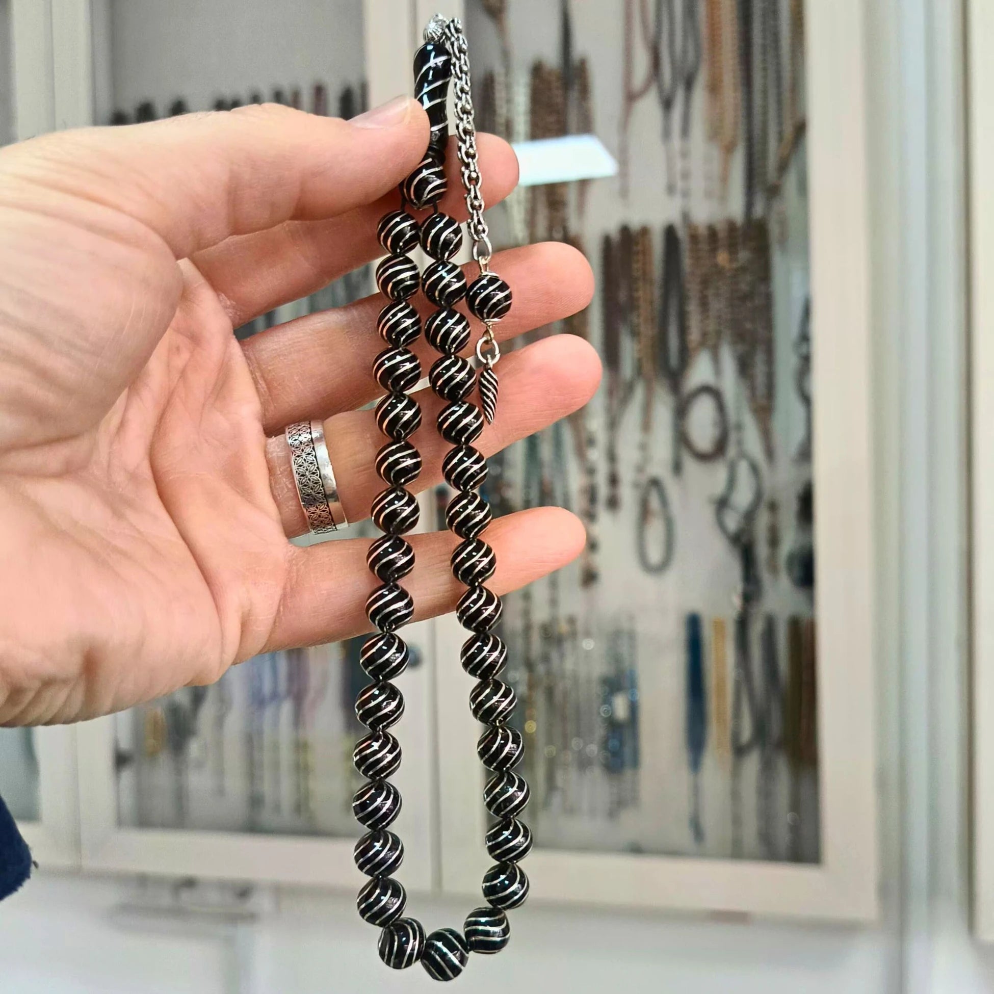 Round-Cut Certified Erzurum Oltu Stone Tasbih with Silver Cesmi Bulbul Inlay, 8.5mm