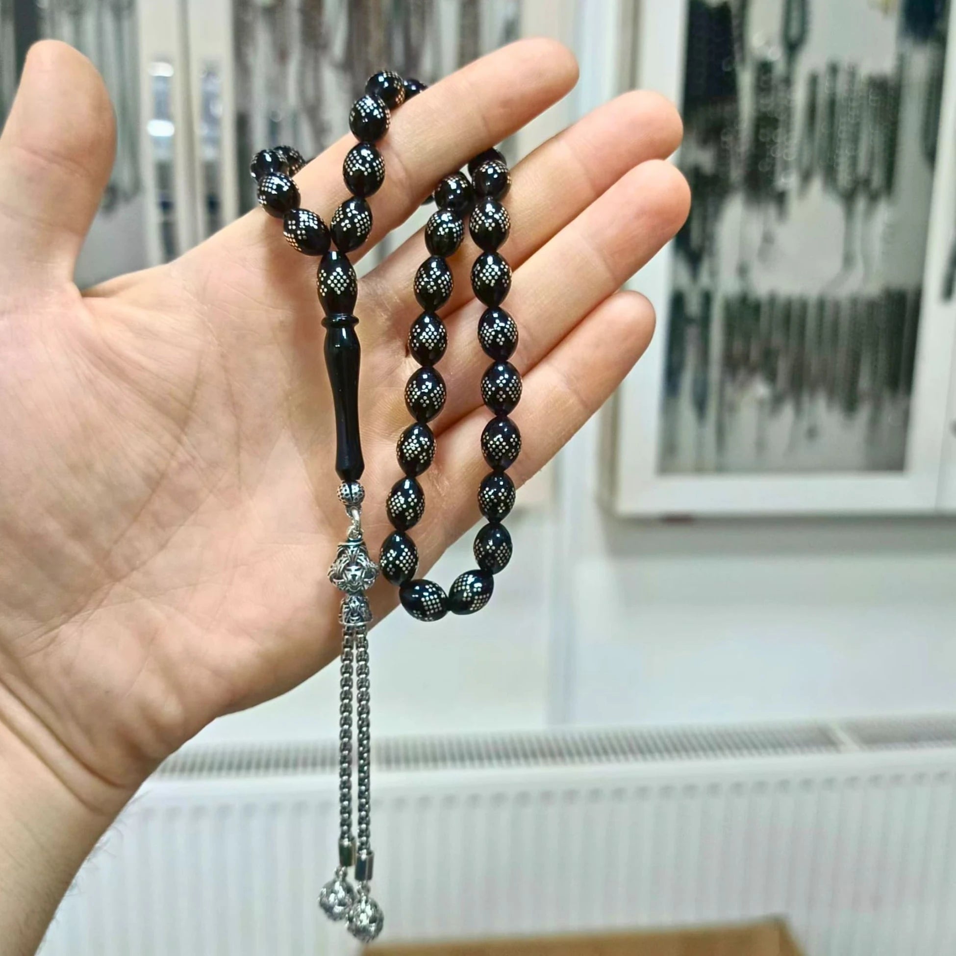 Erzurum Oltu Stone Tasbih with Sterling Silver Inlay & Silver Tassel, 8x11mm