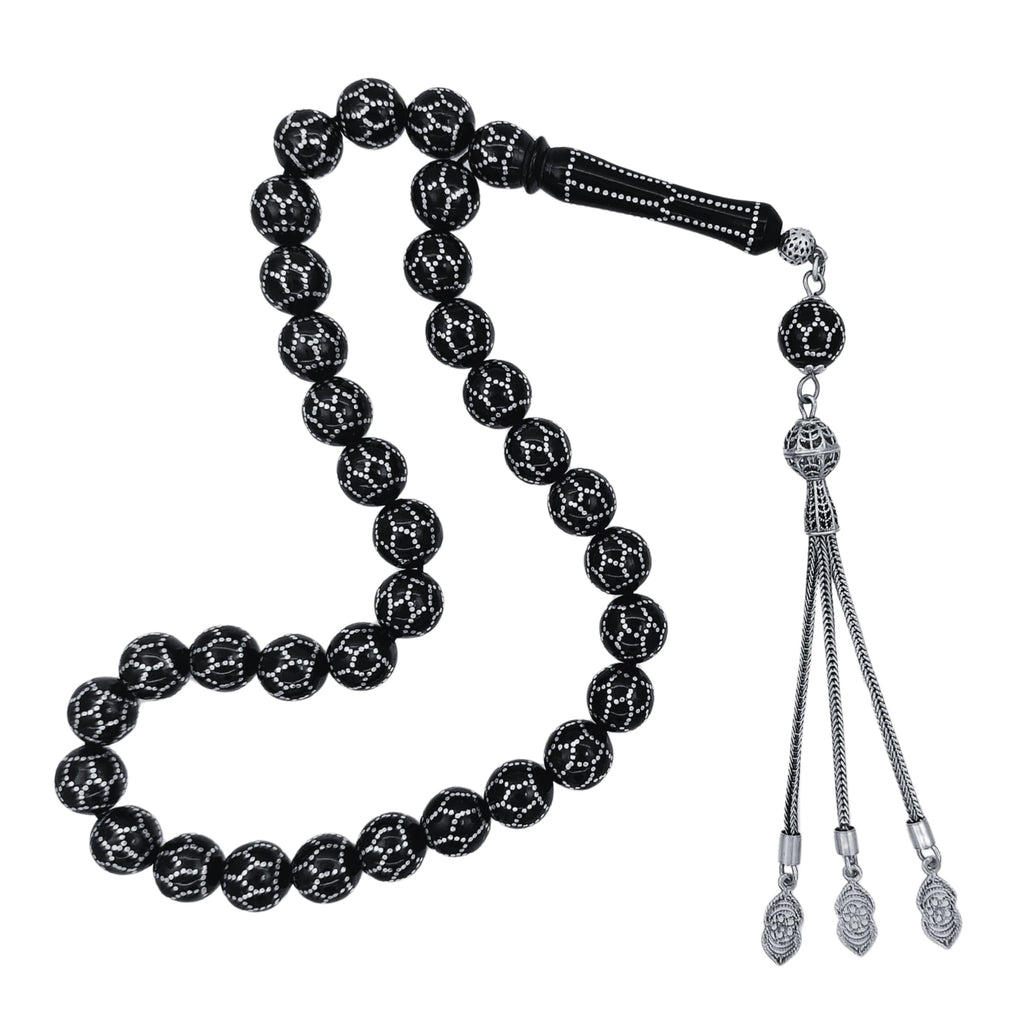 Certified Erzurum Oltu Stone Tasbih with Football/Honeycomb Silver Pattern, 10mm