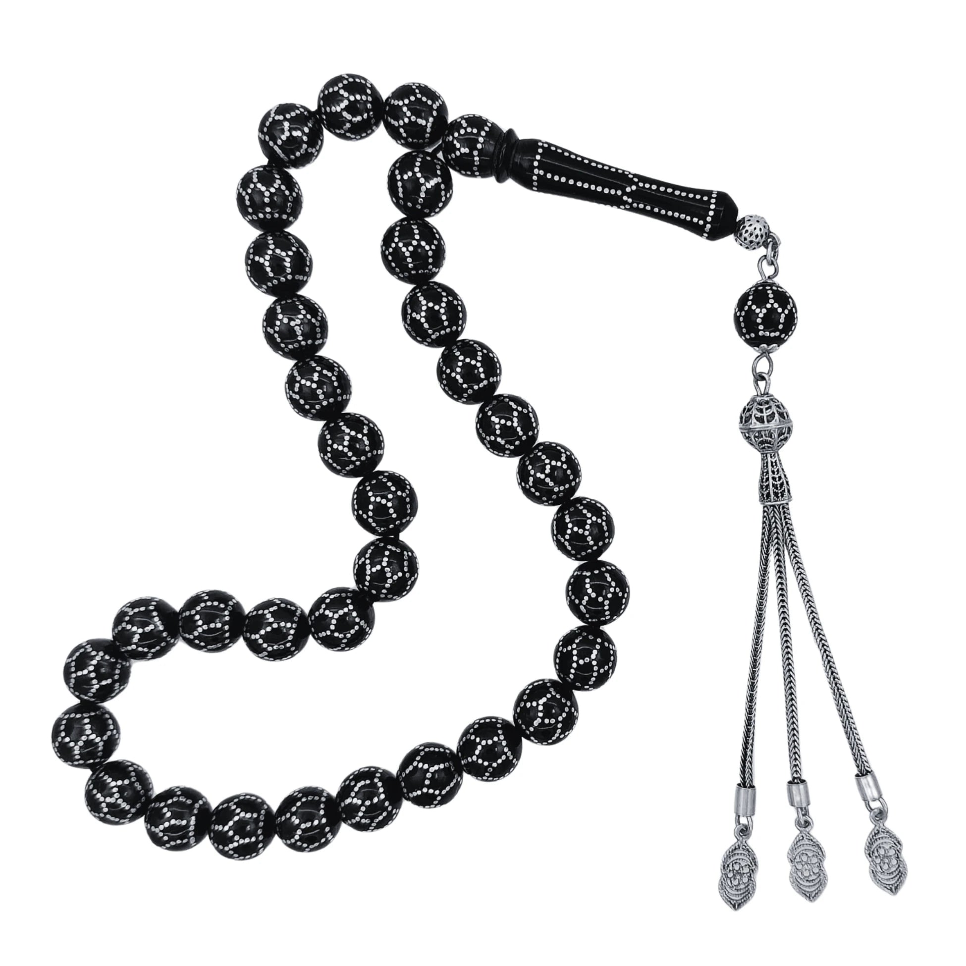 Certified Erzurum Oltu Stone Tasbih with Football/Honeycomb Silver Pattern, 10mm